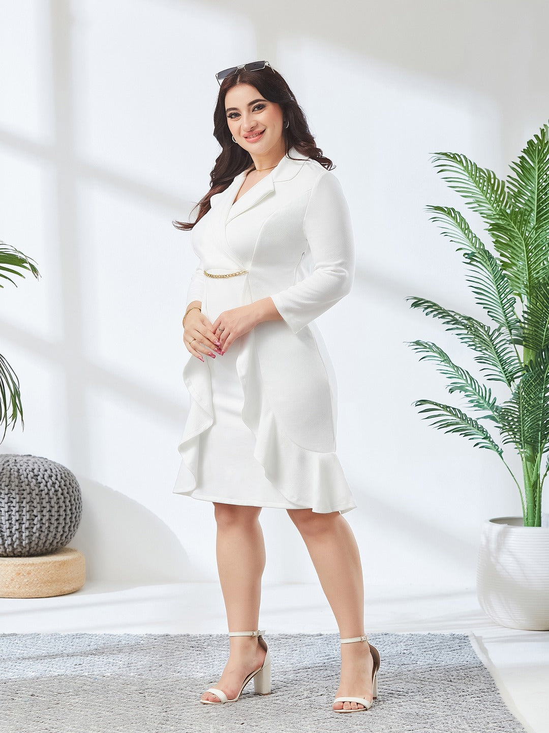 Off White Solid Double Breasted Knee Length Dress for Women
