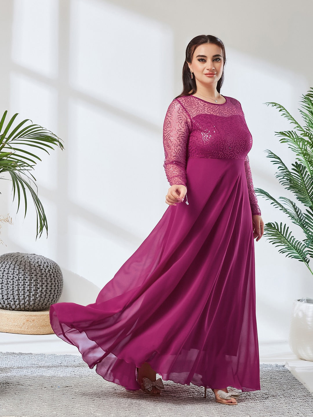 Ruby Pink Solid Embellished Maxi Dress for Women