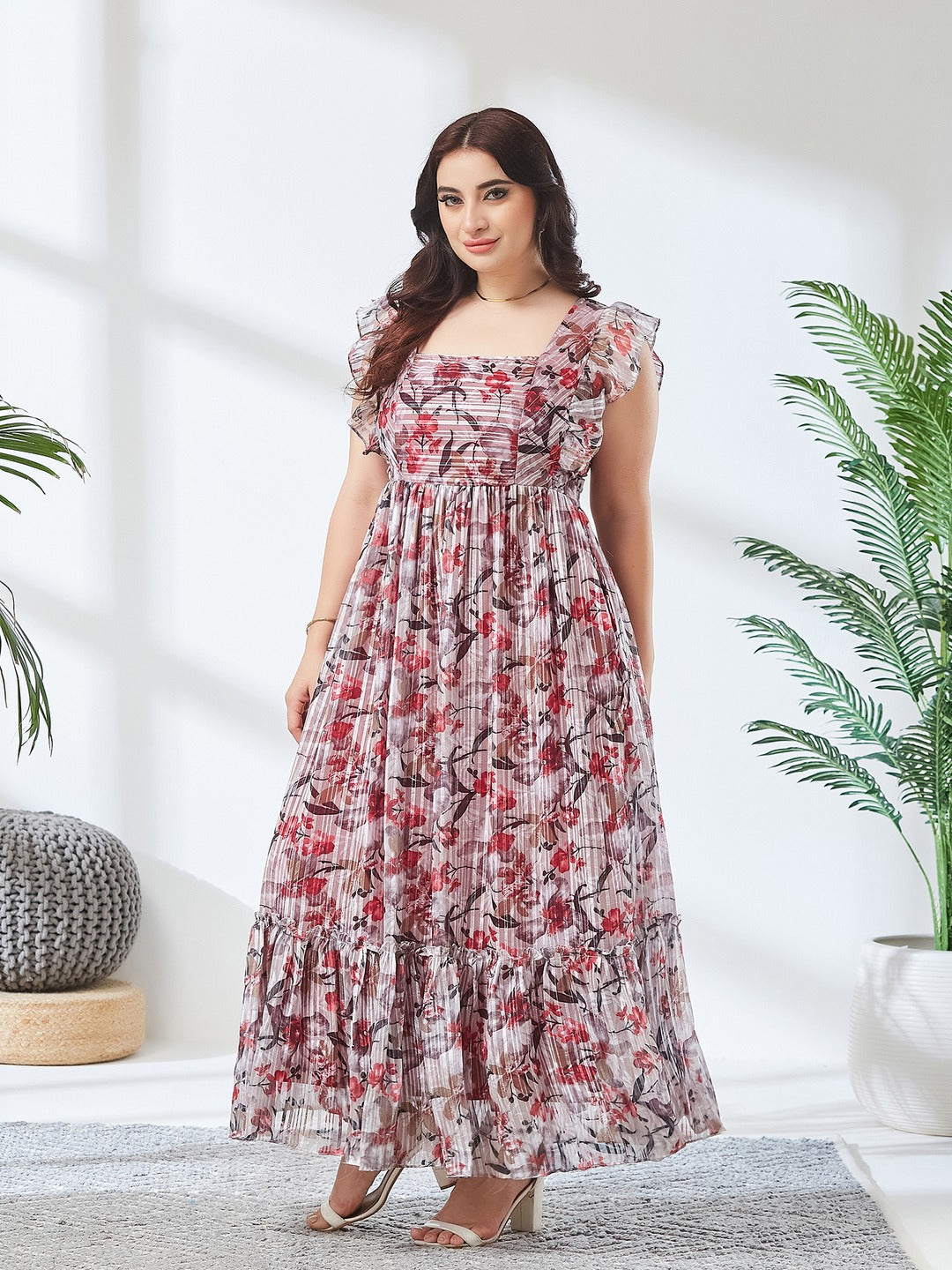 Off White Square Neck Layered Ruffles Sleeve Floral Patterned Tiered Maxi Georgette Dress for Women