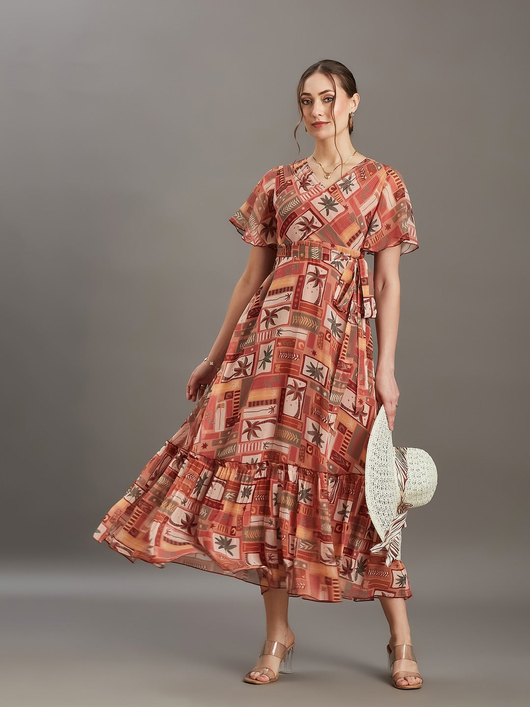 Multicolored Peach Floral V-Neck Flutter Sleeve Wrap Chiffon Maxi Dress for Women