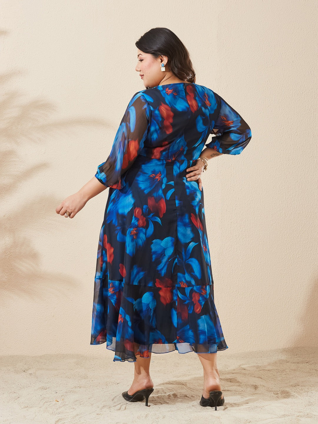 Black Floral V-Neck 3/4 Sleeve Wrap Chiffon Midi Dress for Women