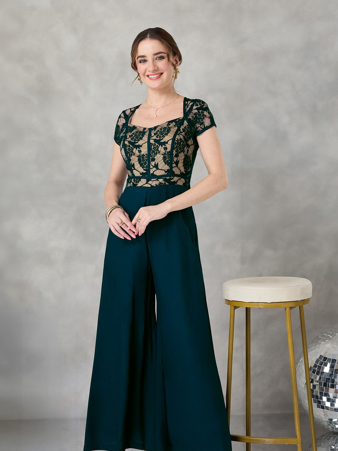 Teal Sweetheart Raglan Sleeve Self-Design Lace Overlaid Regular Fit Viscose Rayon Jumpsuit for Women