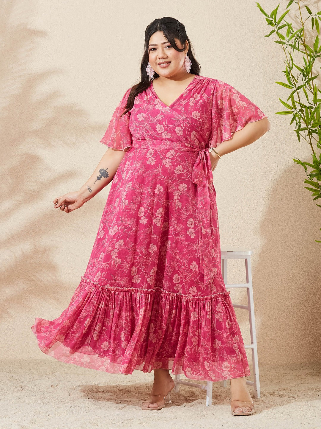 Pink Floral V-Neck Flared Sleeve Wrap Maxi Chiffon Dress for Women