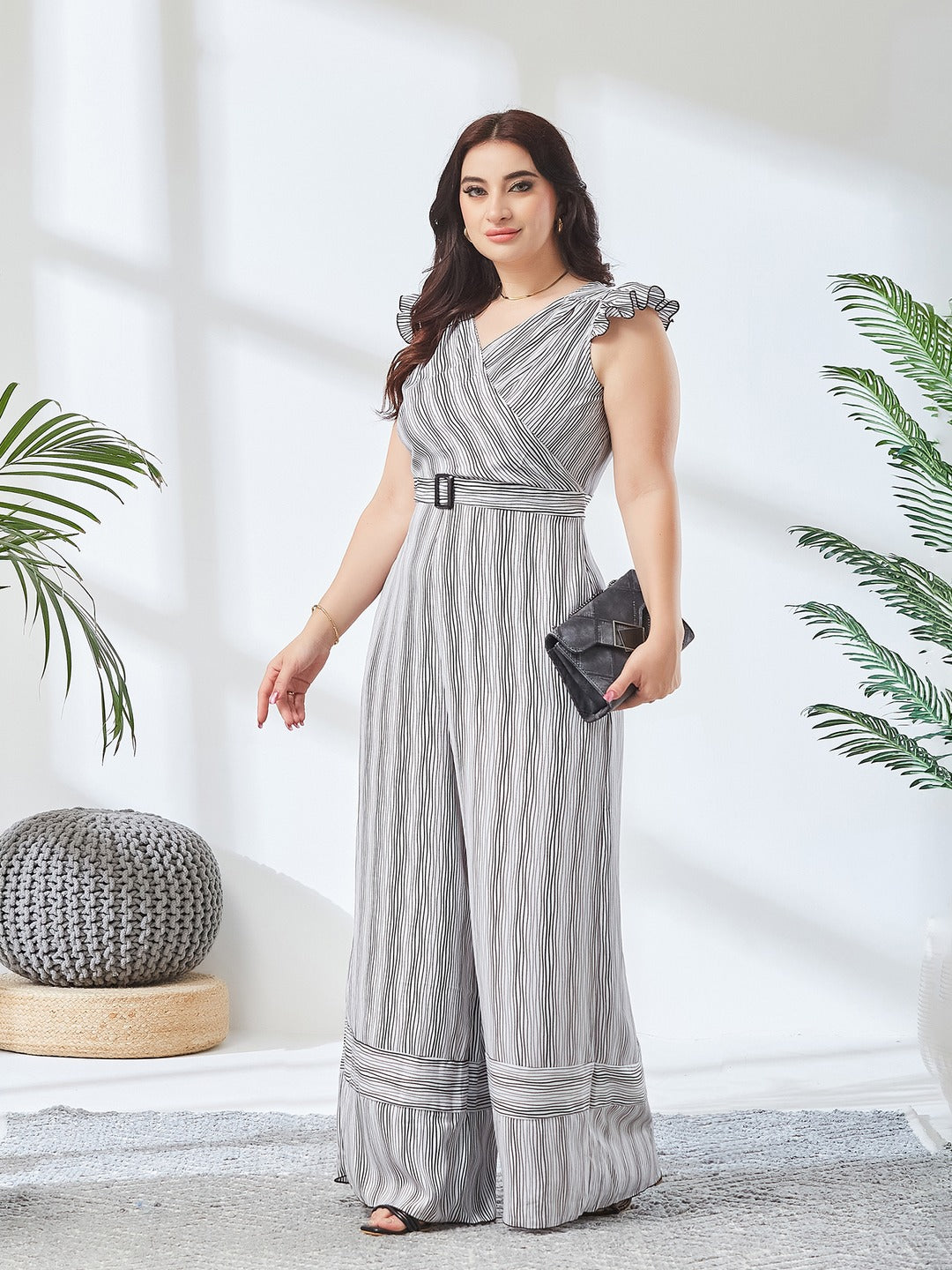 Black and White Striped V-Neck Frill Viscose Rayon Wrap Relaxed Fit Regular Jumpsuit for Women