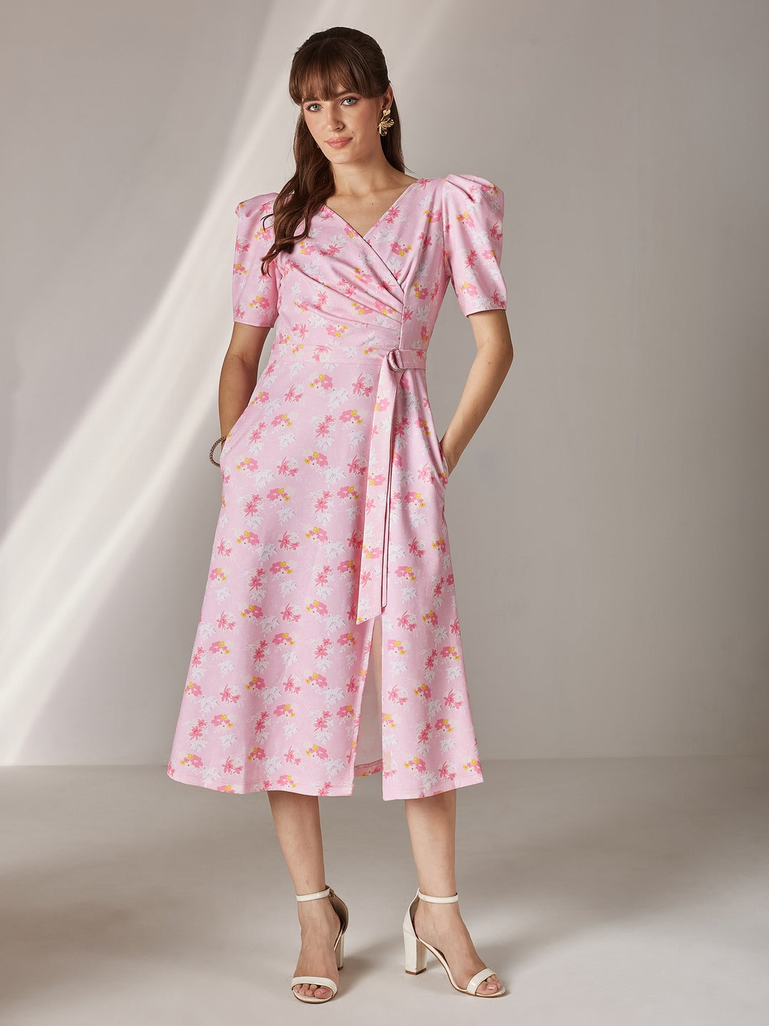Pink V-neck Puff Sleeve Floral Wrap Midi Dress for Women