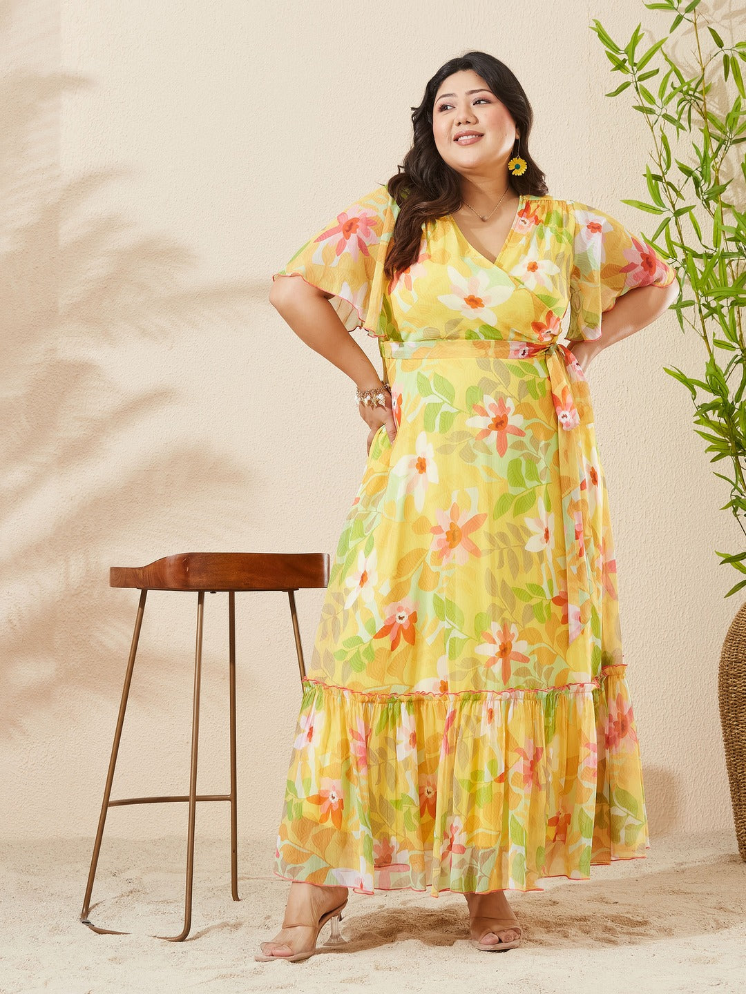 Butter Yellow Floral V-Neck Flutter Sleeve Bohemian Wrap Chiffon Maxi Dress for Women