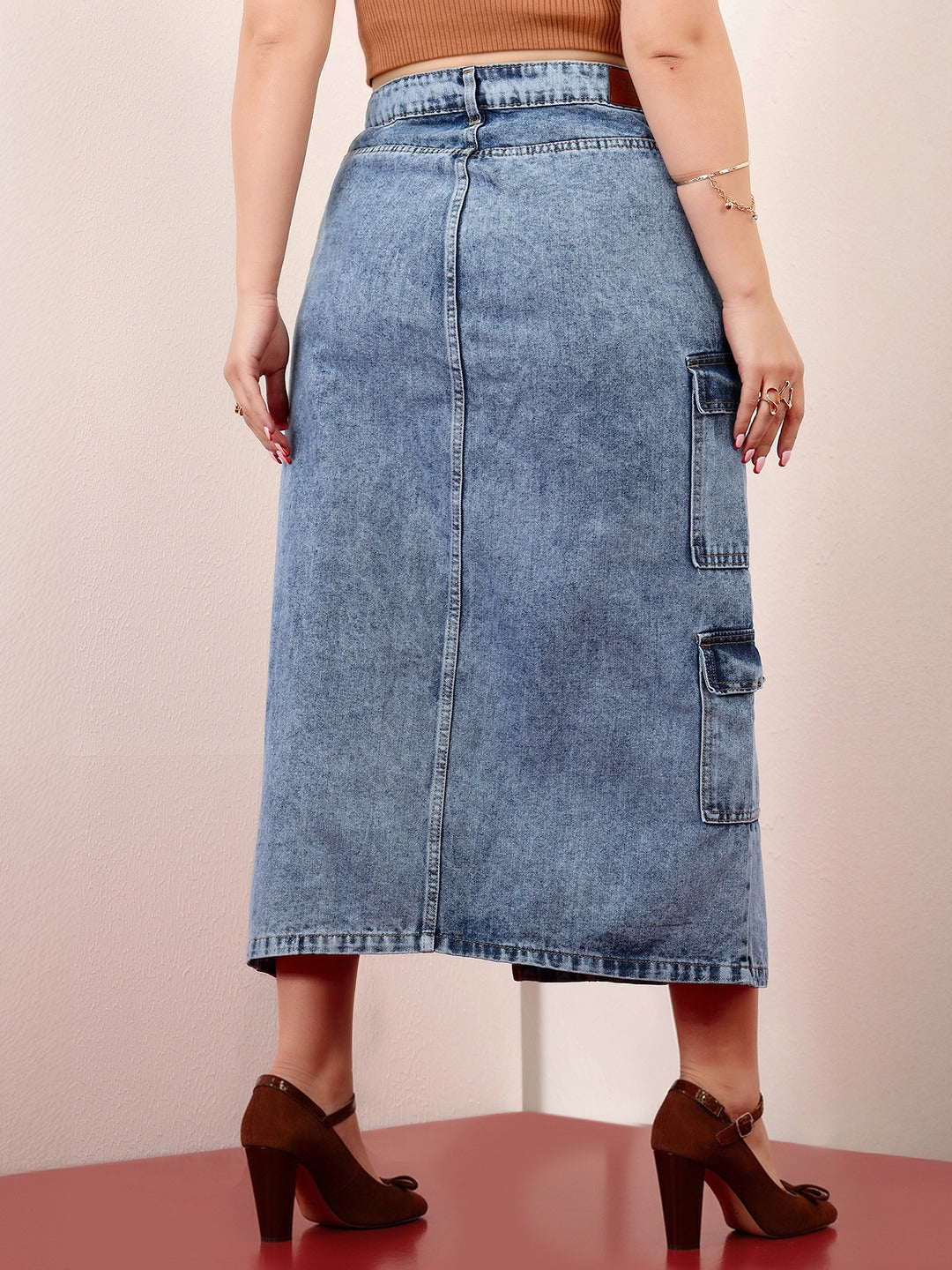 Blue Straight-Fit High-Rise Non-stretchable Denim Midi Skirt for Women
