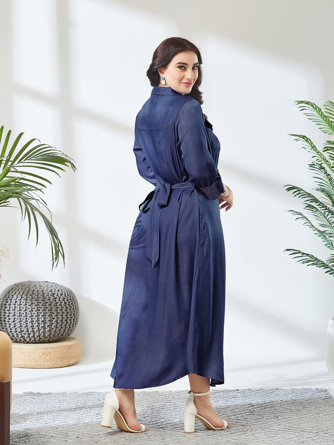 Blue Shirt Collar 3/4 Sleeve Solid Midi Polyester Shirt Dress for Women