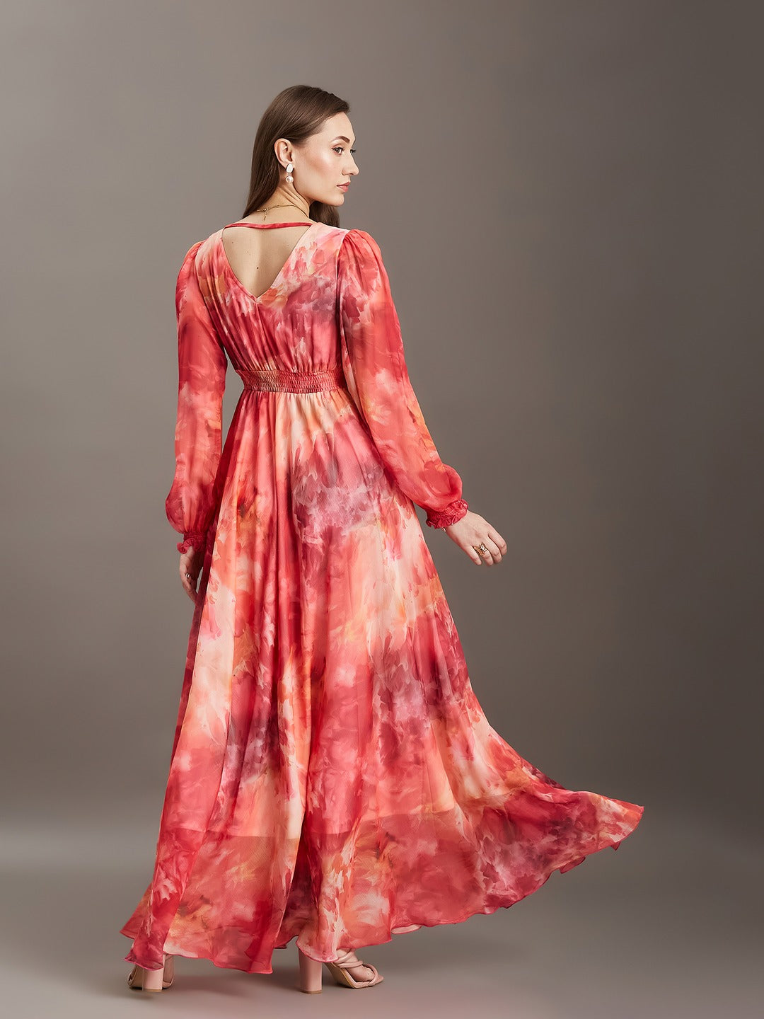 Flame Orange & Pink Floral V-Neck Bishop Sleeve Smocked Chiffon Maxi Dress for Women