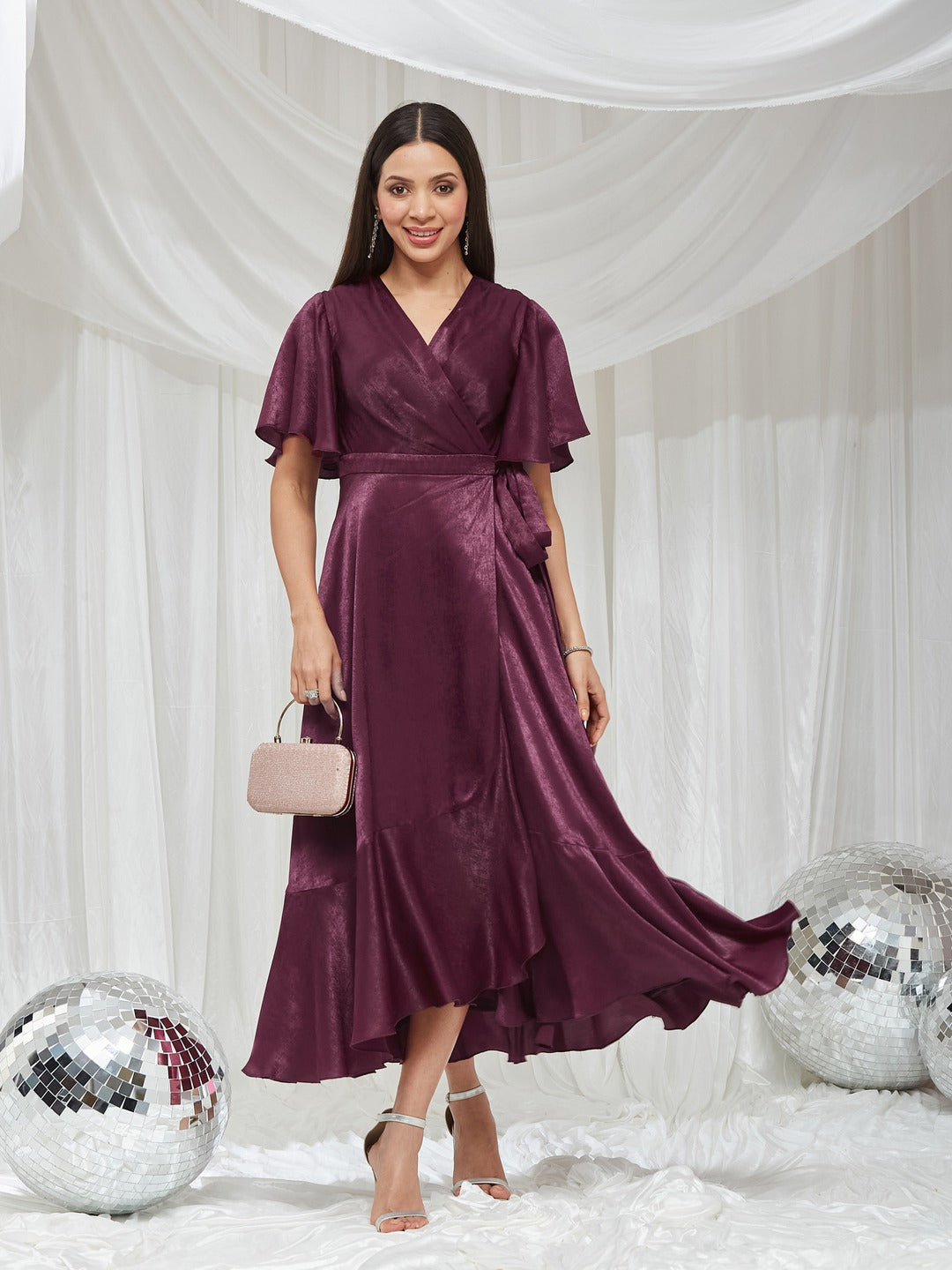 Wine V-Neck Flared Solid Overlap/Tie-Up Midi Satin Dress for Women