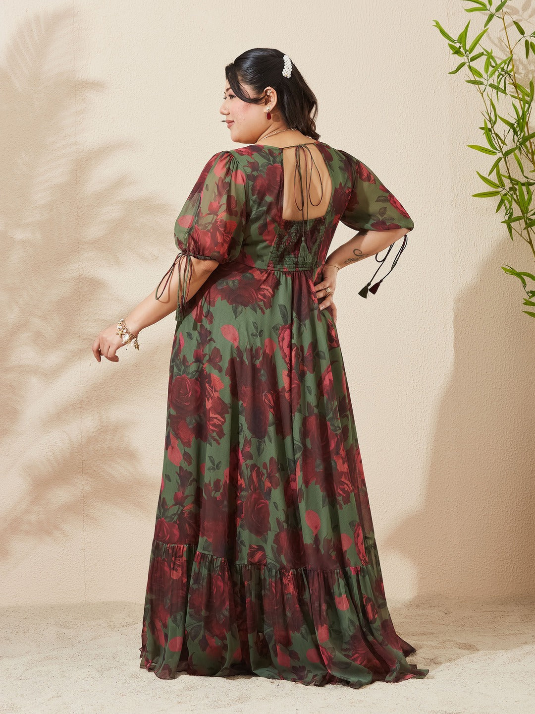 Olive And Wine Sweetheart Neck Puff Sleeve Floral Tiered Maxi Chiffon Dress for Women
