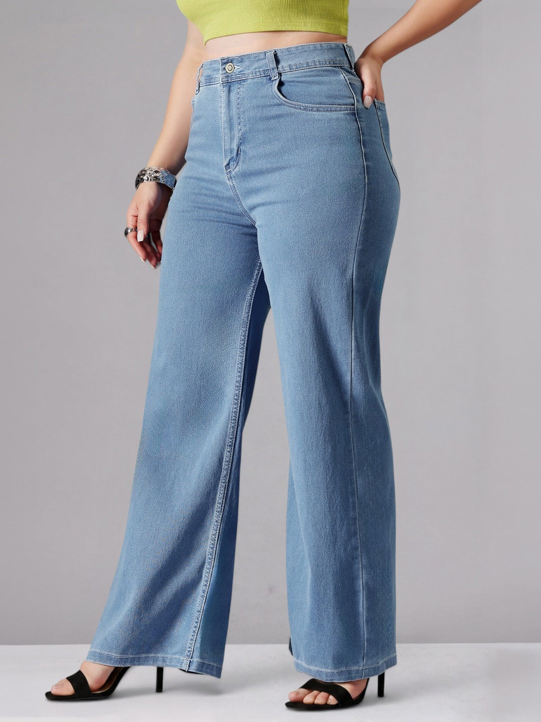 Blue Wide-Leg High-Rise Stretchable Denim Jeans for Women
