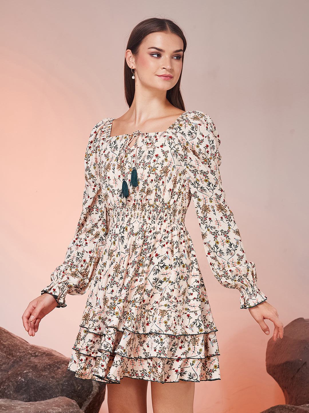 Peach Tie-Up Bishop Floral Layered Knee-Long Crepe Dress for Women