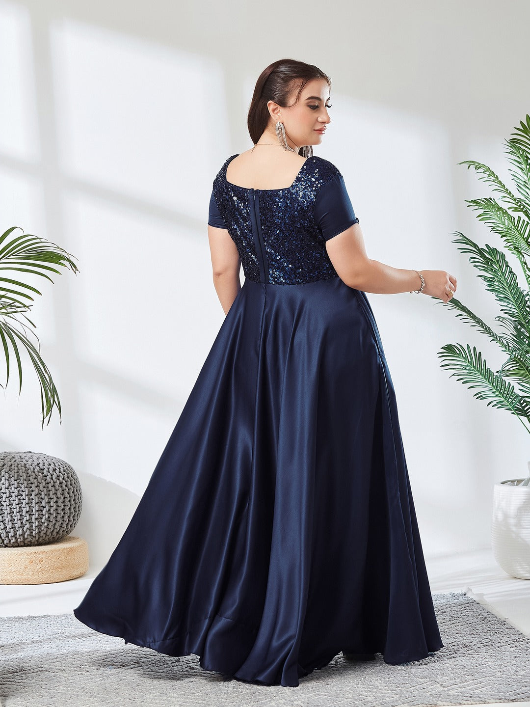 Navy Blue Square Neck Short Sleeve Embellished Polyester Fit & Flare Maxi Dress for Women