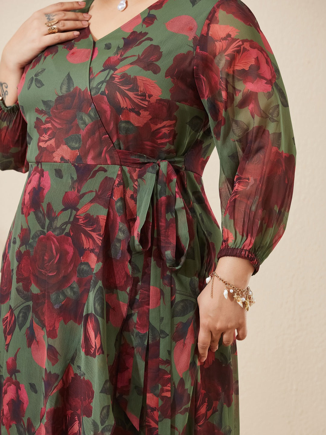 Olive & Wine Floral V-Neck 3/4 Sleeve Wrap Midi Chiffon Dress for Women