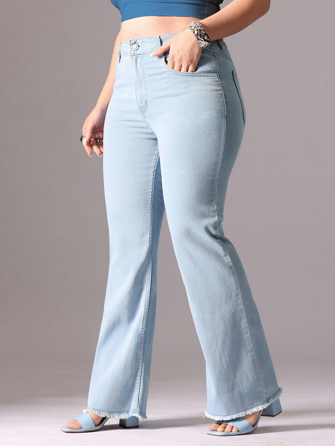 Light Blue Boot Cut High rise Cropped Stretchable Denim Jeans for Women