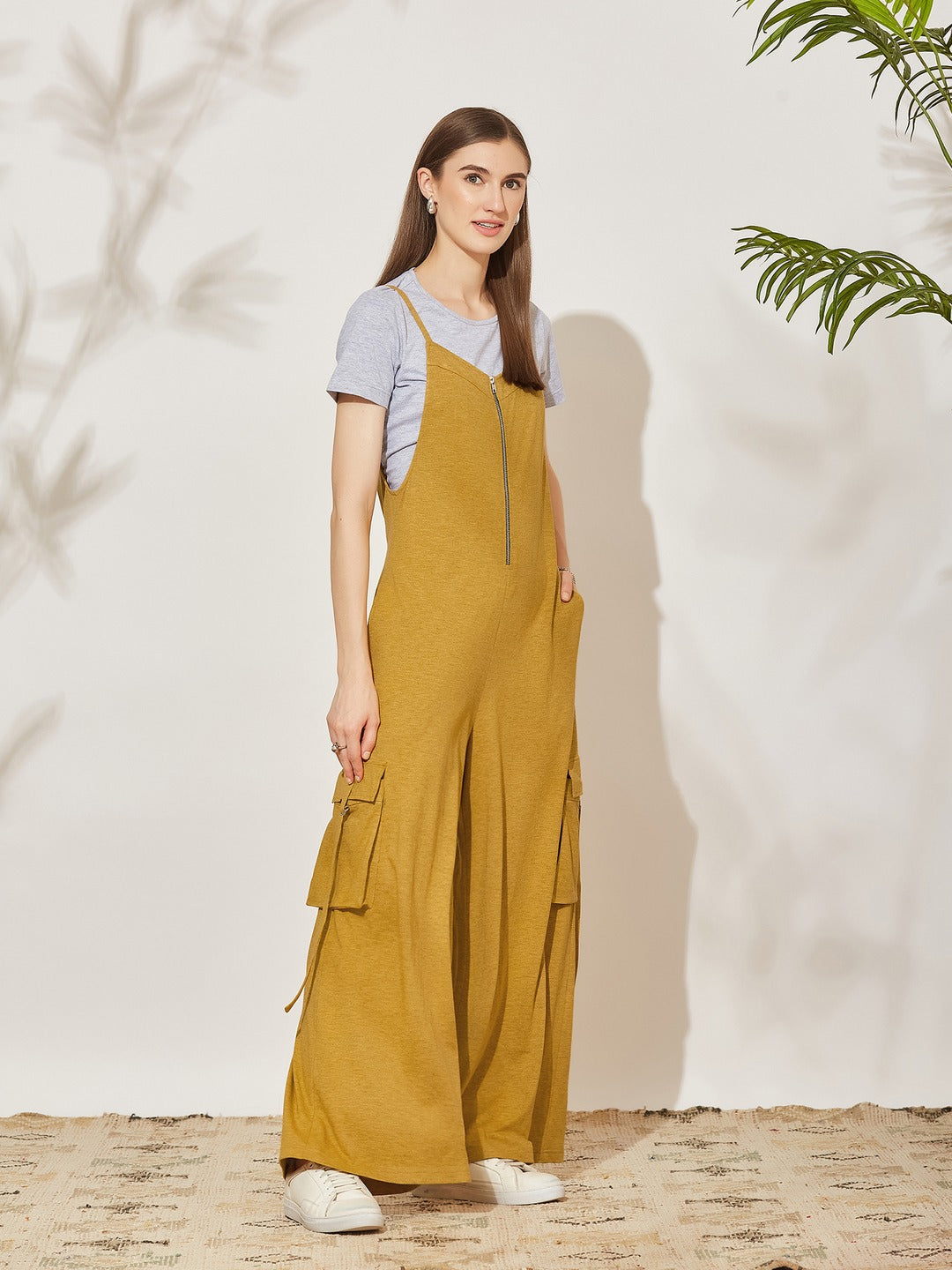 Gold and Grey Round Neck Half Sleeve Solid Regular Fit Cotton Dungaree Co-Ord Set for Women