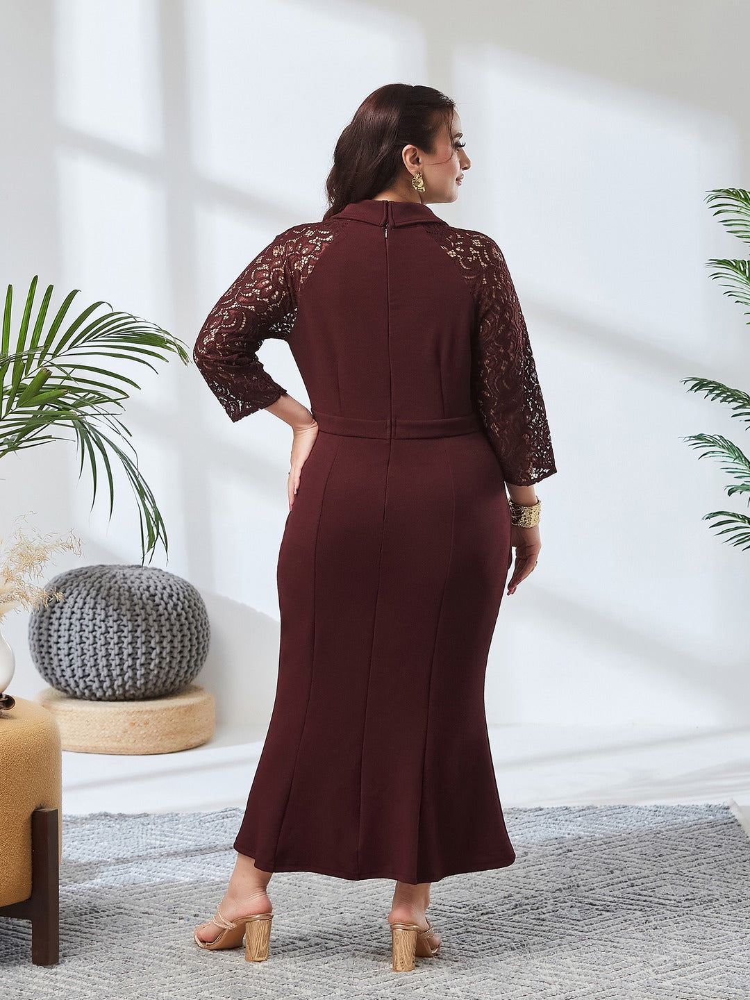 Wine Notched Collar Three-Quarter Sleeve Self-Designed Bodycon Midi Dress for Women