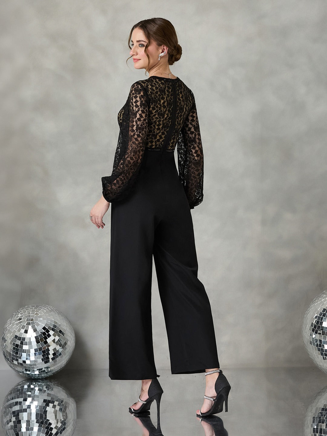 Black Self-Design Crepe V-Neck Jumpsuit with Balloon Sleeves and Lace Detailing for Women