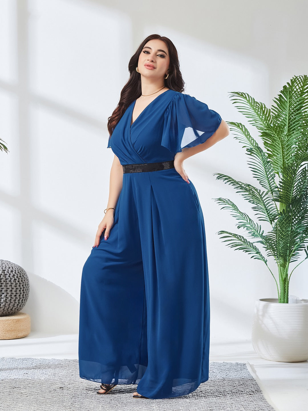 Royal Blue Solid Relaxed Fit Short Sleeve V-Neck Ankle-Length Straight Jumpsuit for Women