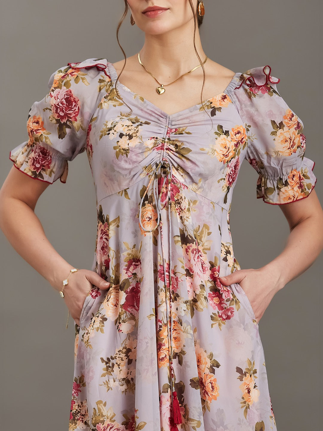 Multicolored Light Grey Sweetheart Puff Sleeve Tiered Georgette Maxi Dress for Women