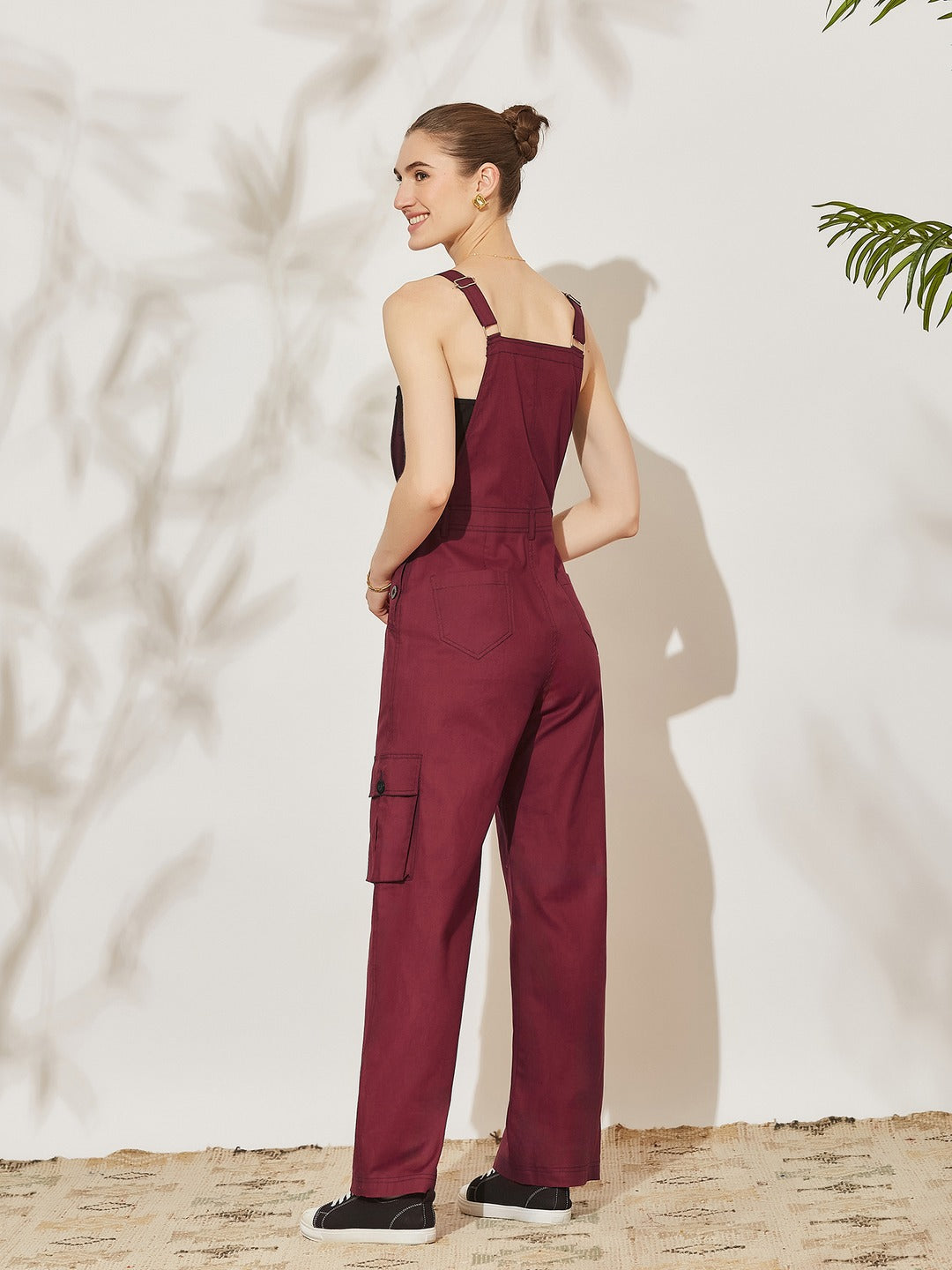 Maroon Square Neck Sleeveless Solid Full Length Cotton Dungaree for Women