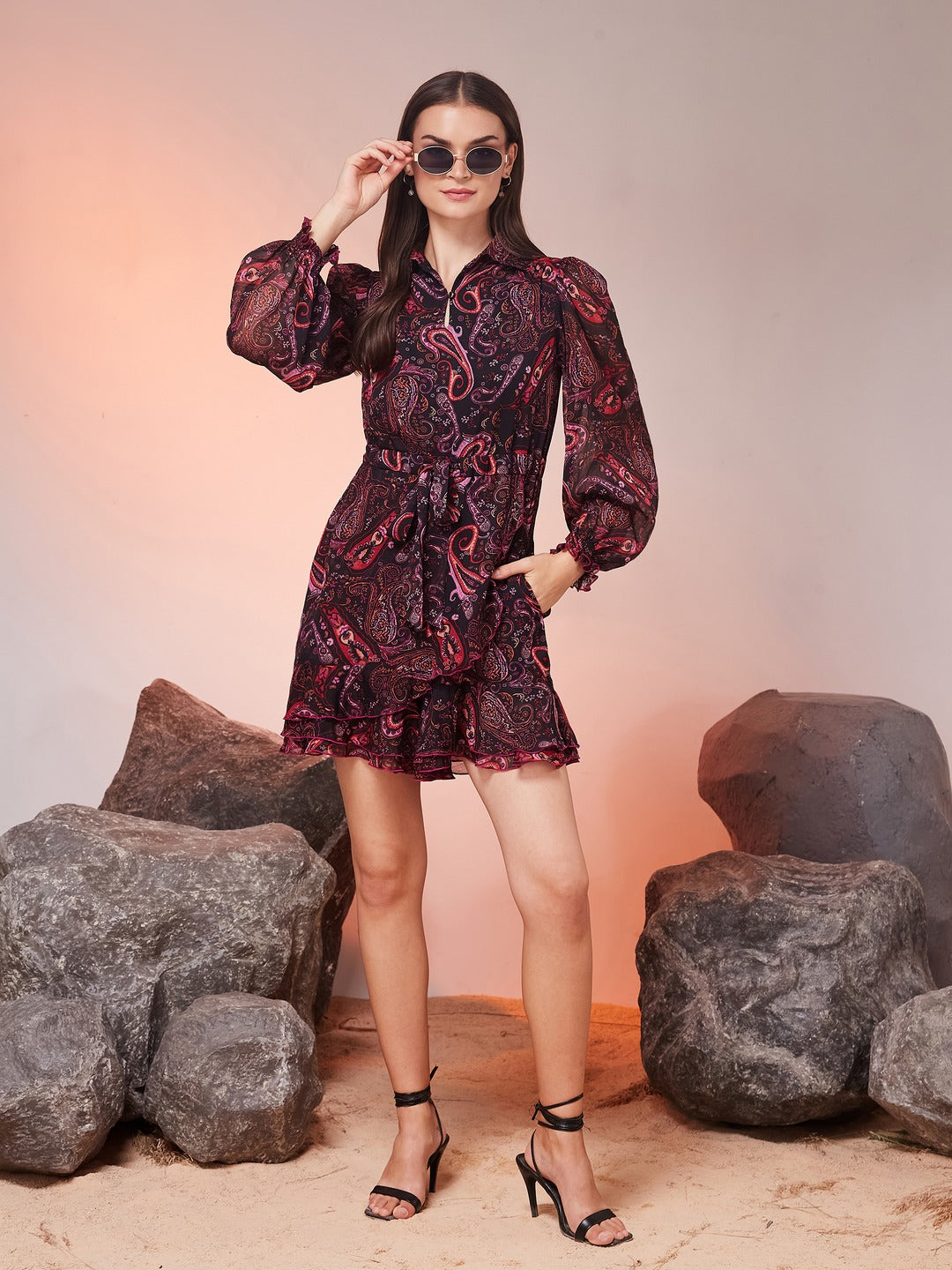 Black Collared Bishop-Sleeve Bohemian Ruffled Short Georgette Playsuit for Women