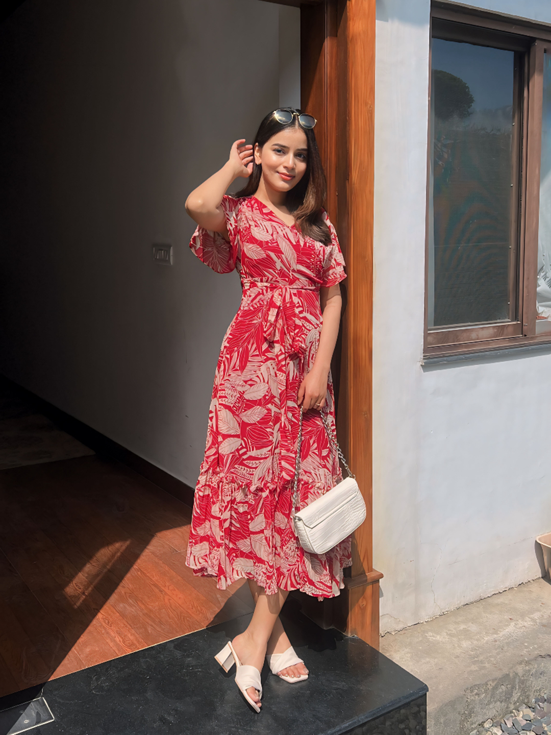 Women's Maroon V Neck Tropical Printed Wrap Maxi Dress