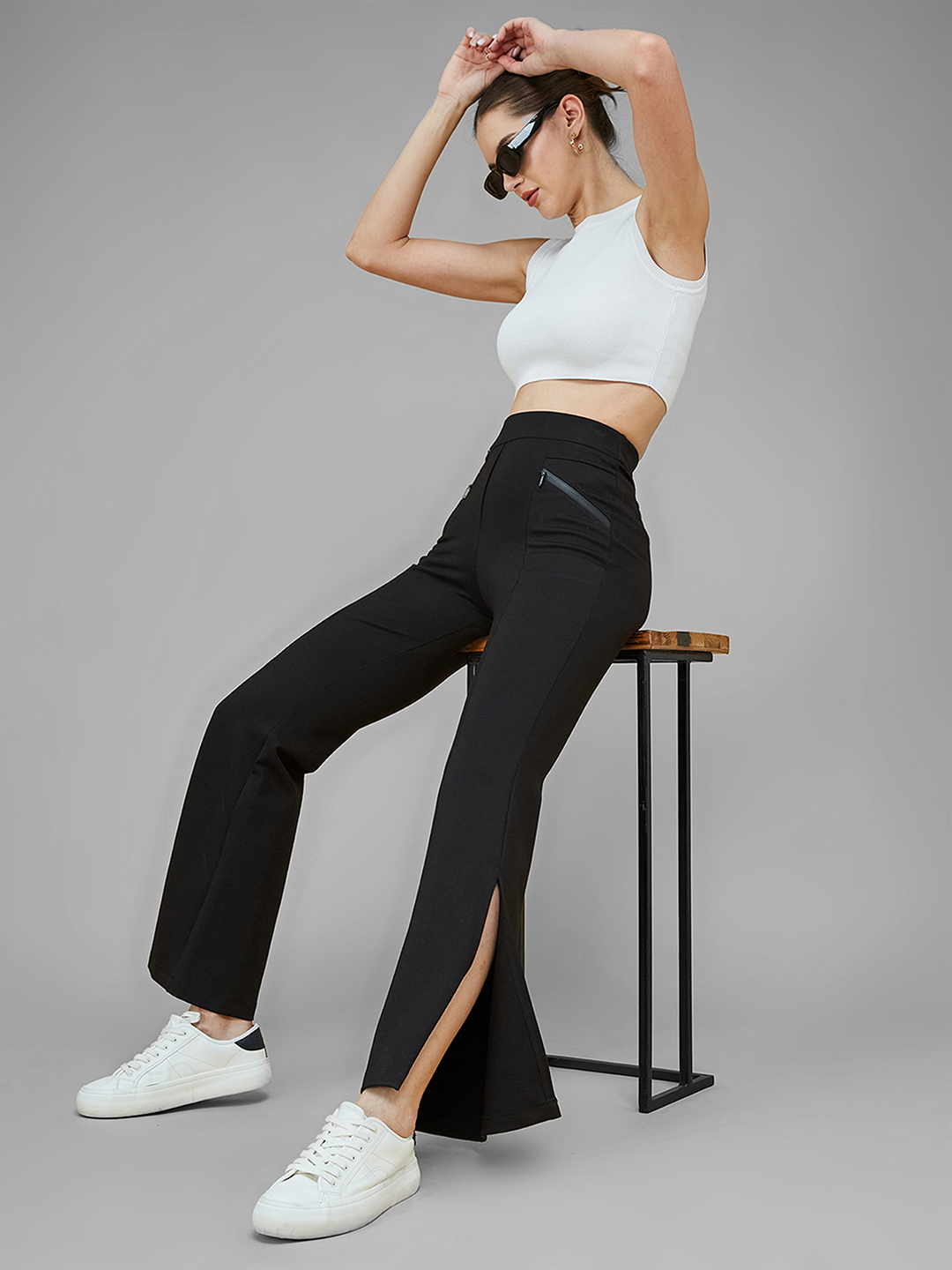 Women's Black Viscose Solid Side Slit Bootcut Regular Trousers