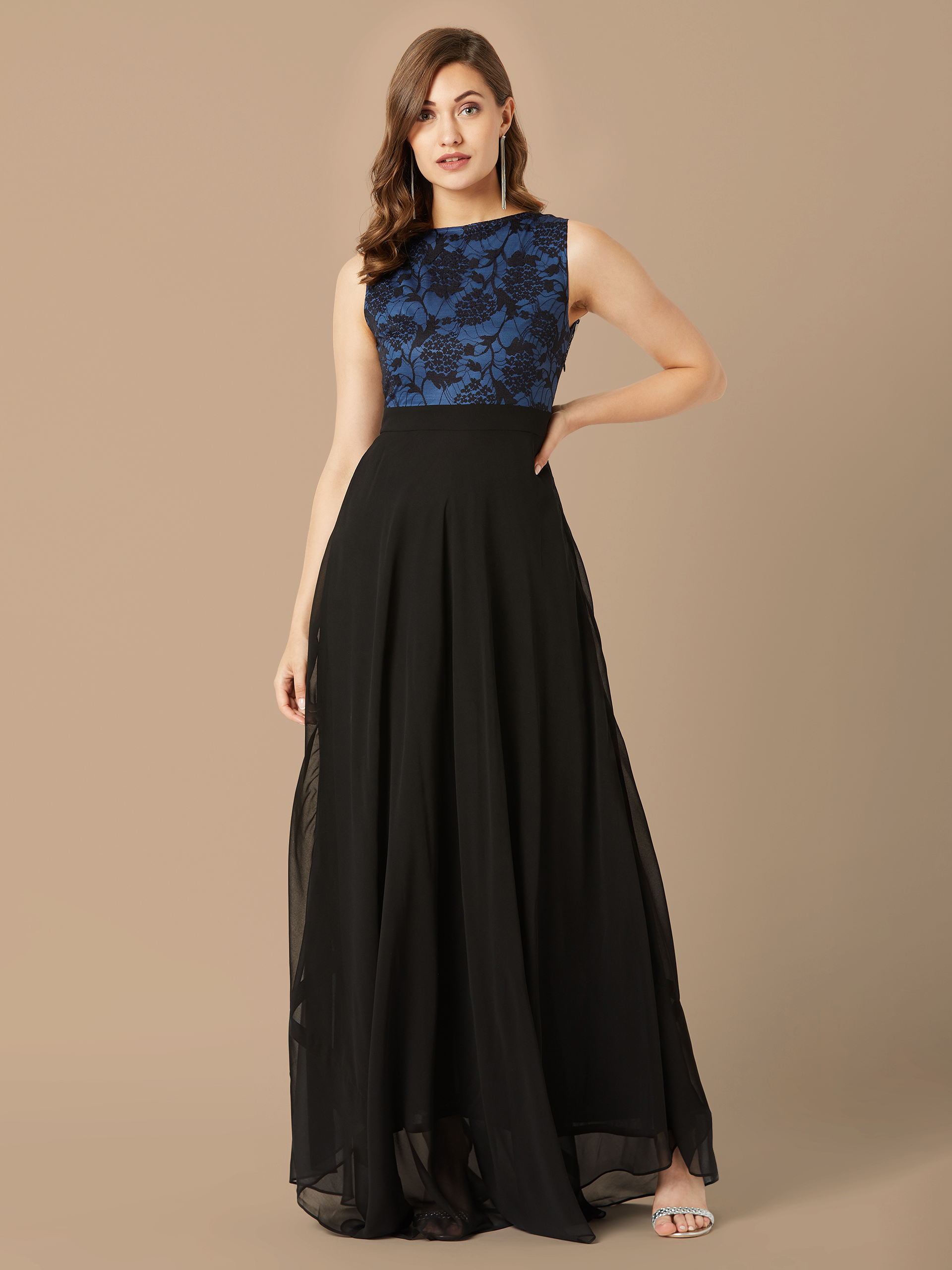 Black & Blue Sleeveless Fit and Flare Lace Dress for Women