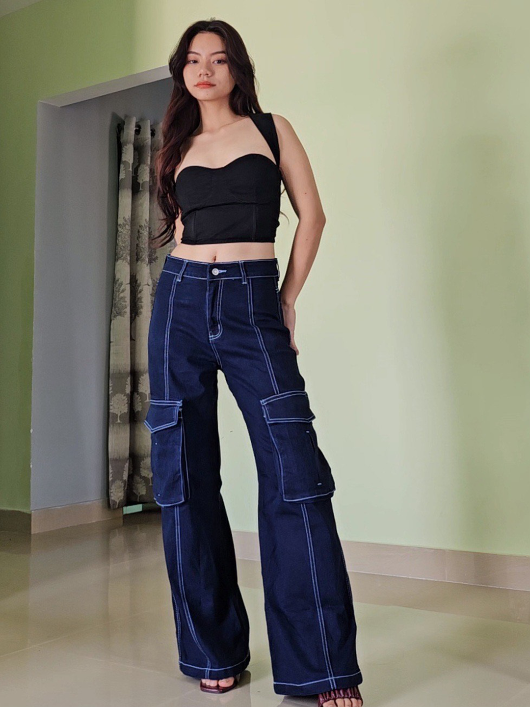 24/7 Comfort Navy Blue Wide-Leg Cargo High-Rise Stretchable Baggy Denim Jeans