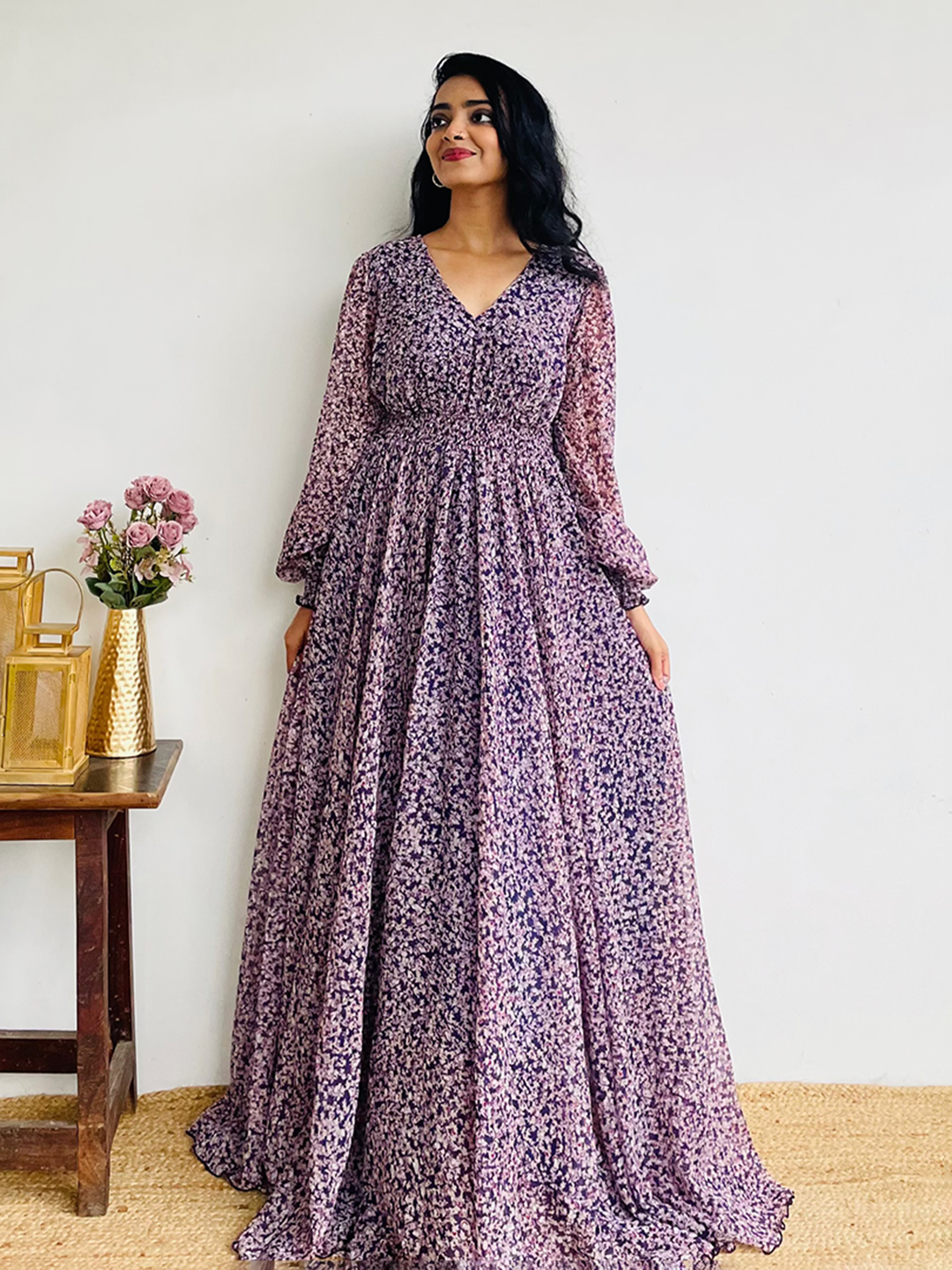 Women's Multicolored-Base-Purple V-Neck Bishop Sleeve Floral Gathered Chiffon Maxi Dress