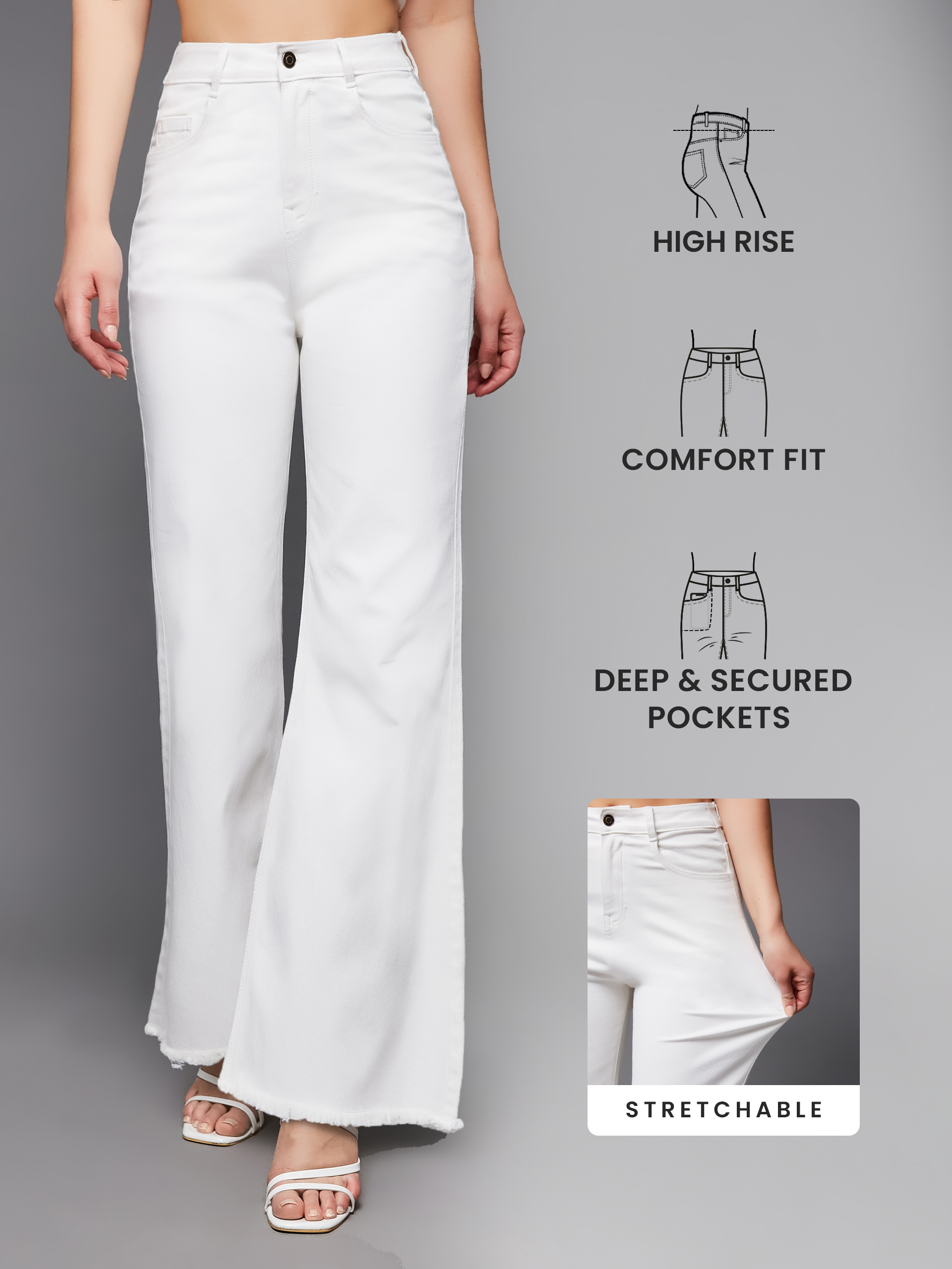 24/7 Comfort White Bell-Bottom Bootcut High-Rise Stretchable Denim Jeans