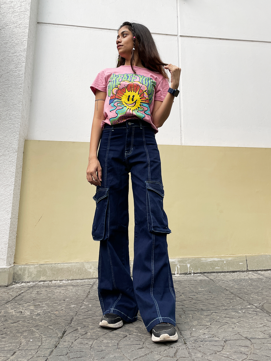 24/7 Comfort Navy-Blue Wide-Leg High-Rise Stretchable Baggy Denim Jeans