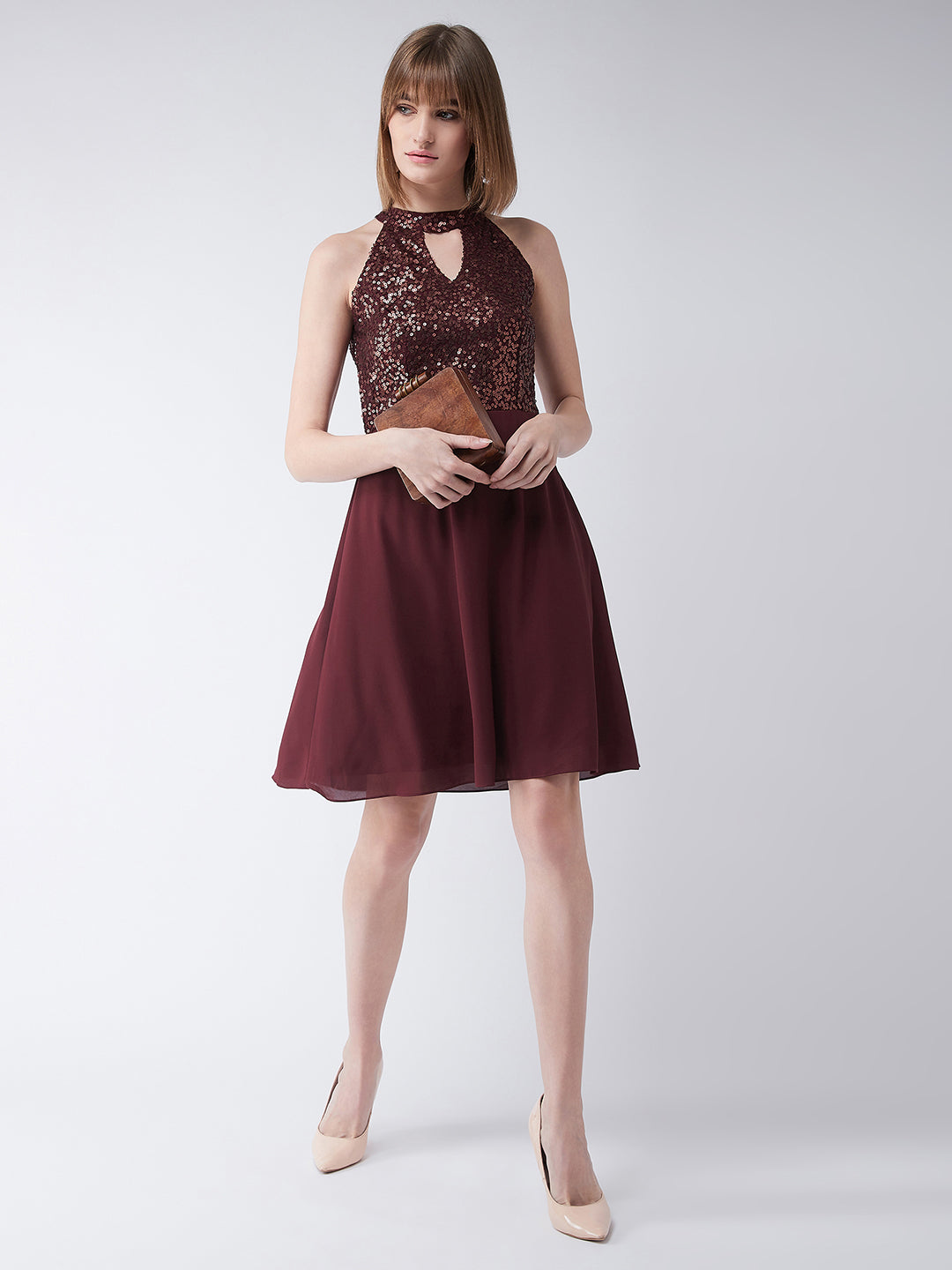 Wine Red Round Neck Sleeveless Solid Sequin Flowy Knee-Long Skater Dre