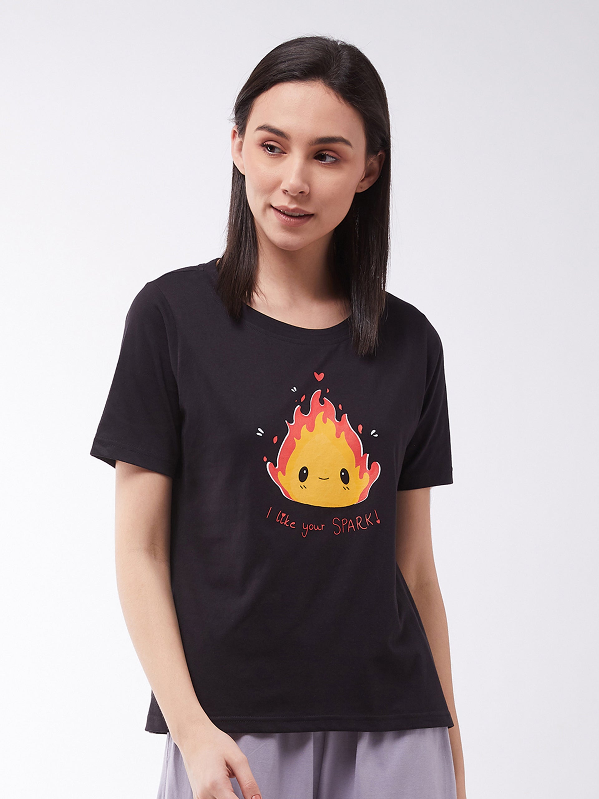 Women's Black Cotton Solid Regular Length Round Neck Short Sleeves Loungewear T-shirt