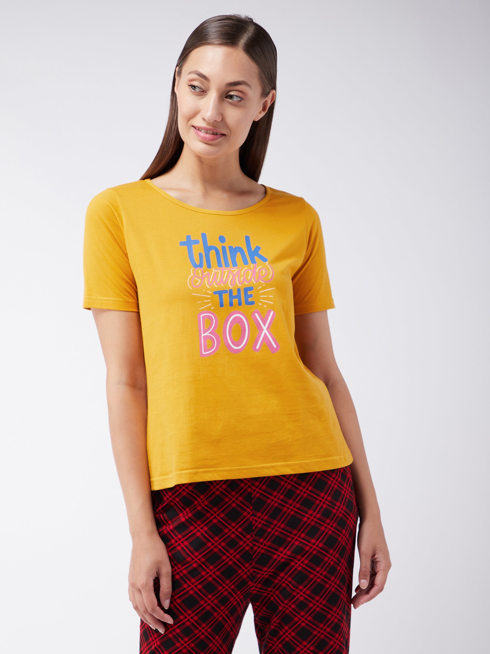 Women's Mustard Cotton Solid  Regular Length Round Neck Short Sleeves Loungewear T-shirt