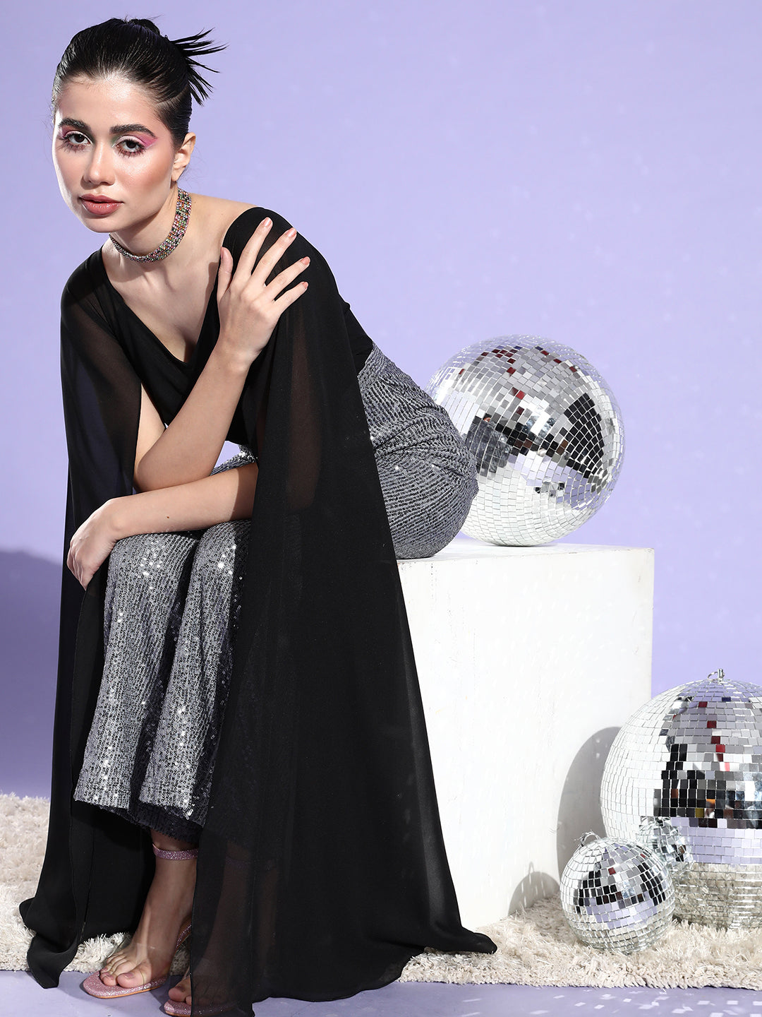 Women's Black & Silver Sweetheart Neck Full Sleeve Embellished Ruching Regular-Length Polyester Jumpsuit