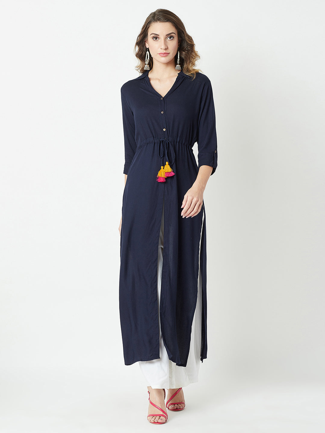Women's Navy Blue Collared 3/4 Sleeve Solid Buttoned Tassel A-Line Maxi Top