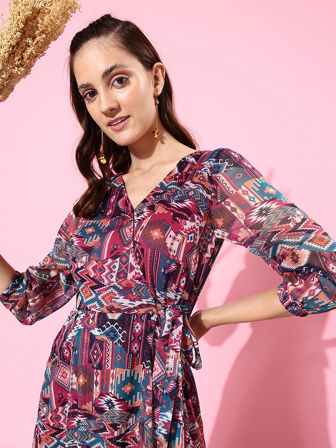 Multicolored V-Neck Three-Quarter Sleeve Geometric Patterned Wrap Midi