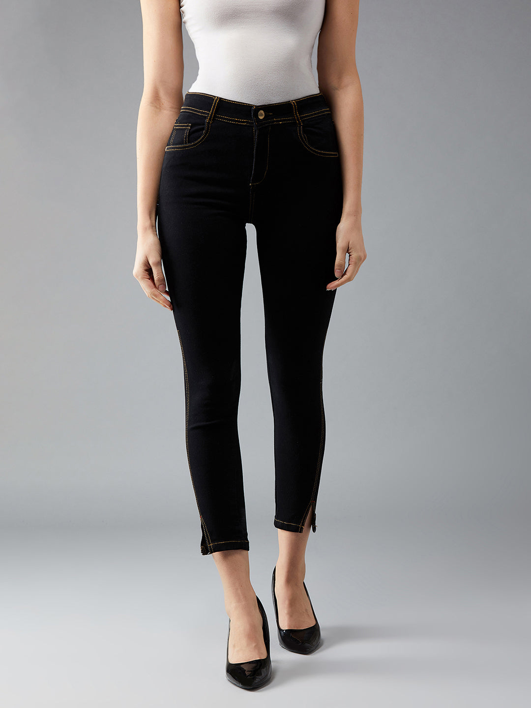 Women's Black Skinny High-Rise Side-Slit Solid Ankle Length Stretchable Denim Jeans