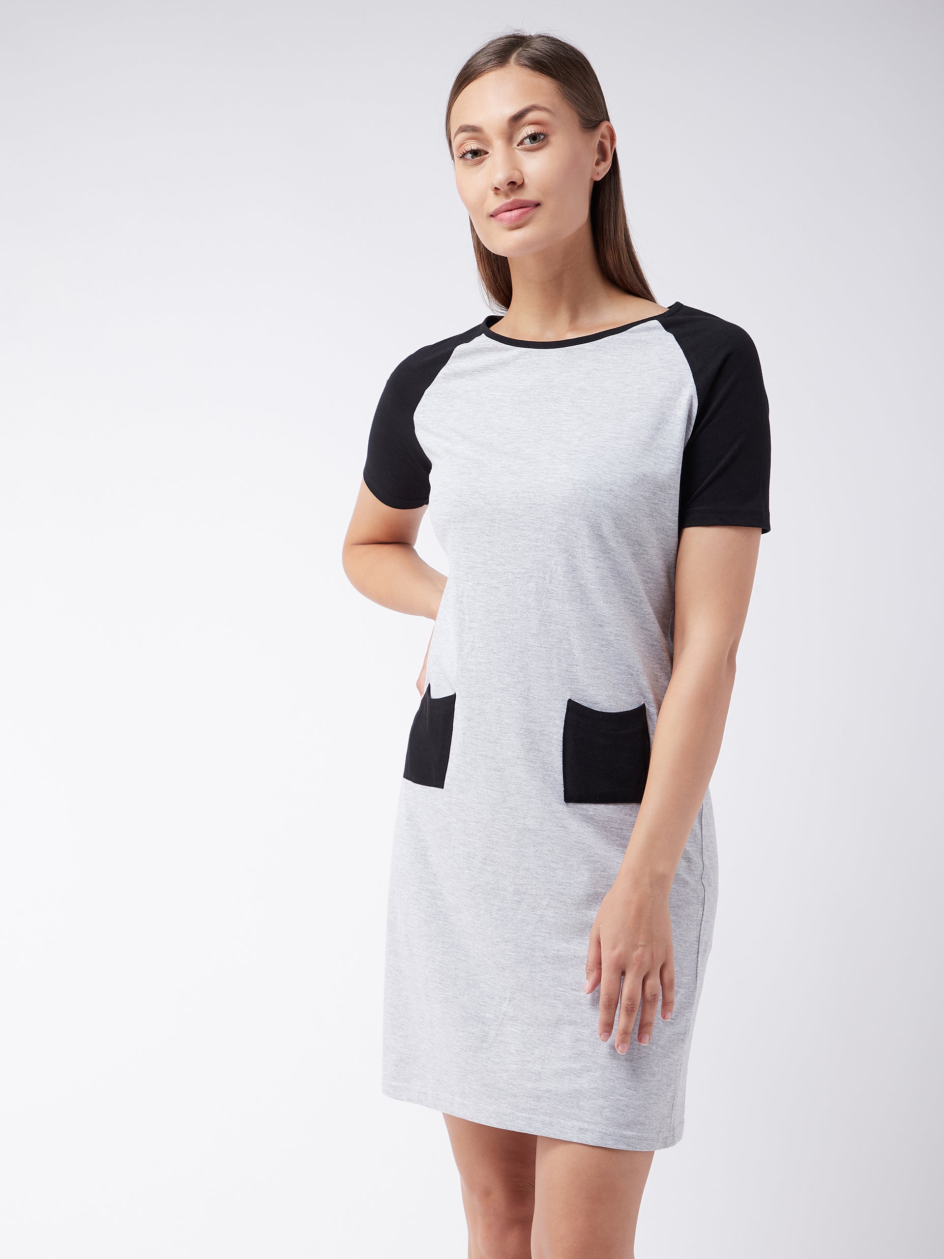 Women's Gray Cotton Solid Knee-Length Round Neck Short Sleeves Loungewear Dress