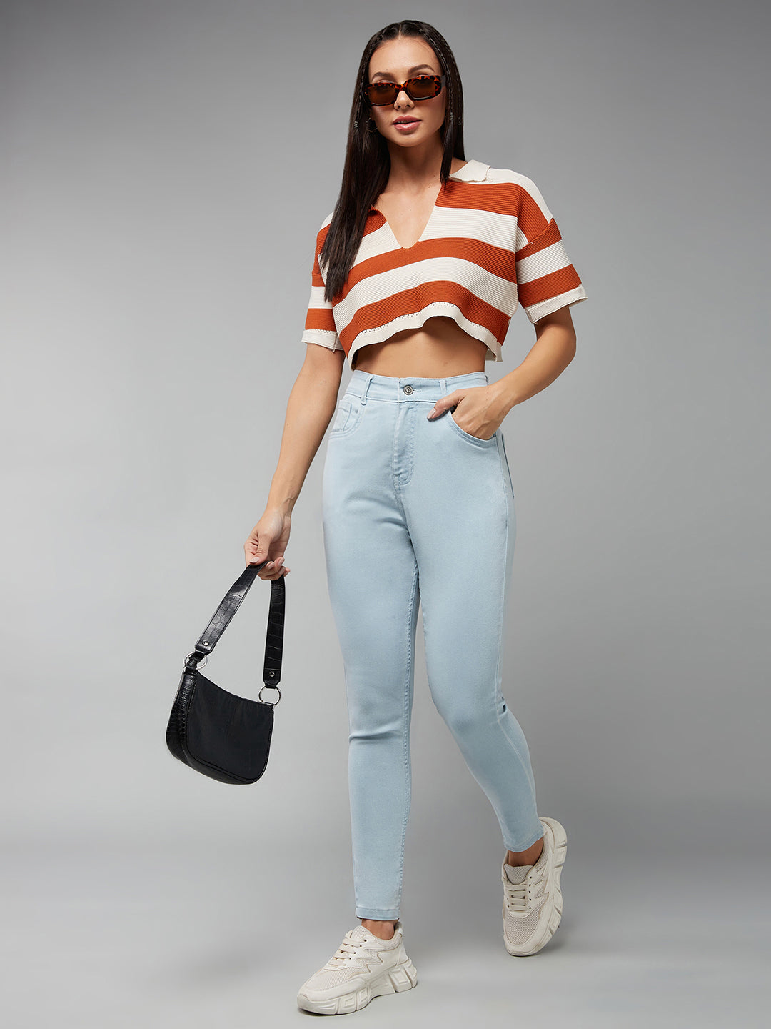 Women's Light Blue Skinny High-Rise Clean-Look Cropped Stretchable Denim Jeans