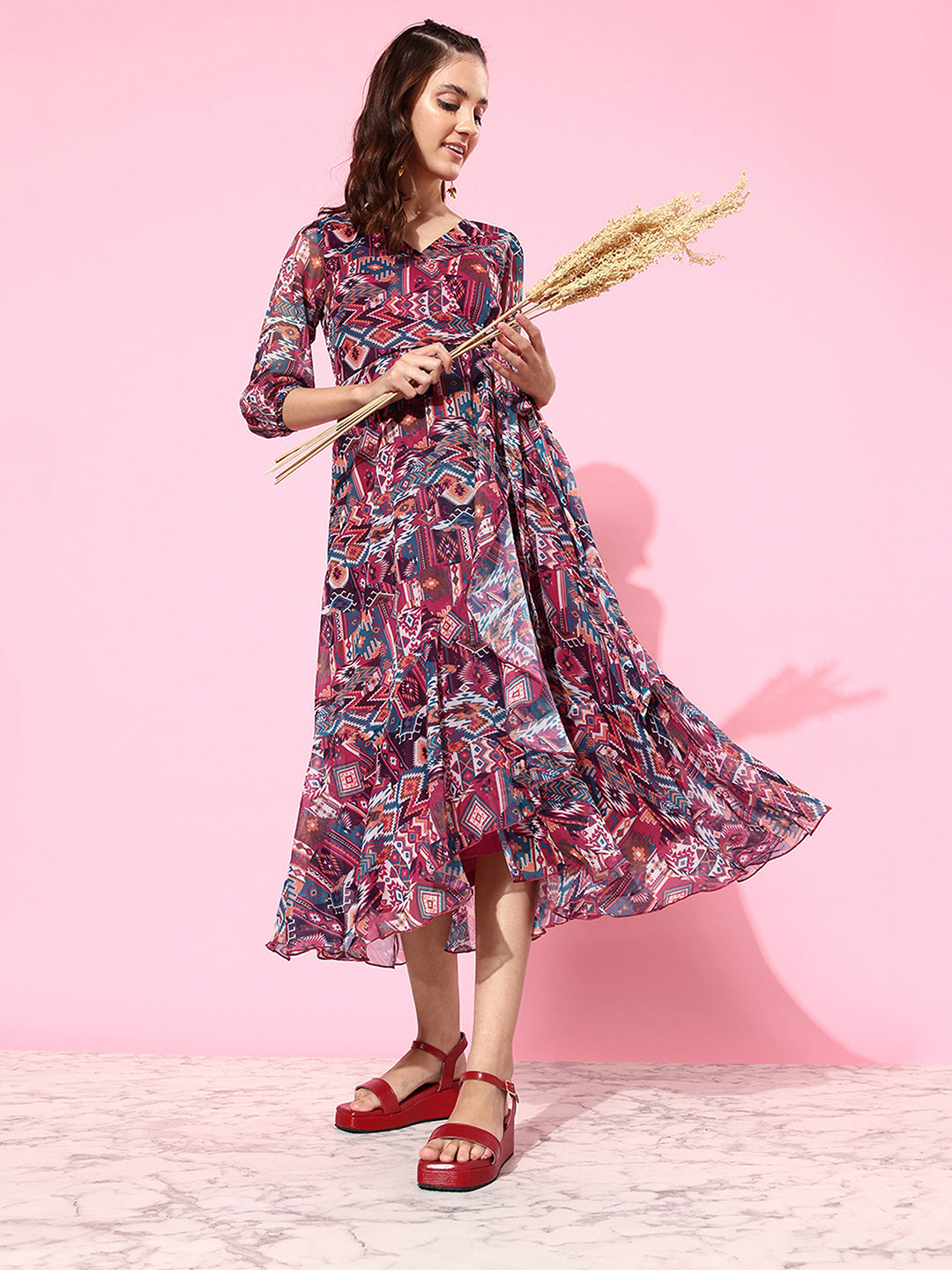 Women's Multicolored V-Neck Three-Quarter Sleeve Geometric Patterned Wrap Midi Chiffon Dress