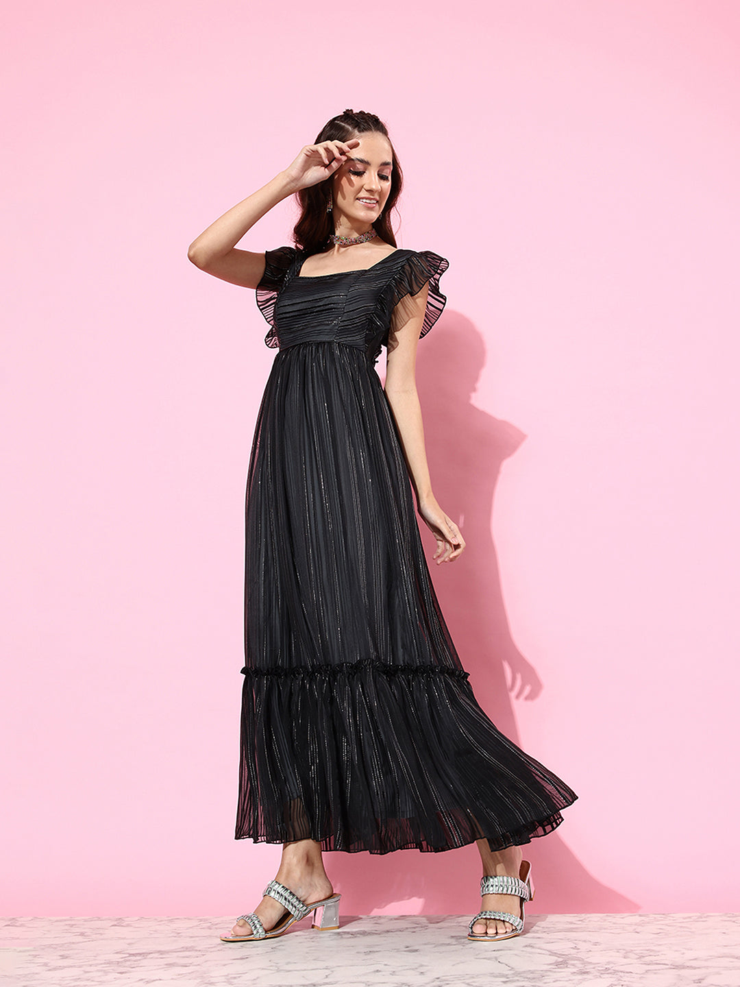 Black Ruffled Sleeves Shimmery Maxi Dress Long Dress Frock