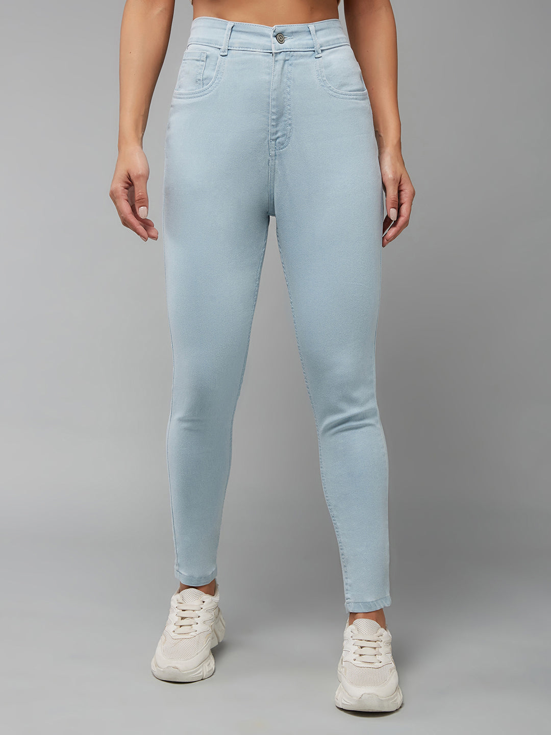 Women's Light Blue Skinny High-Rise Clean-Look Cropped Stretchable Denim Jeans