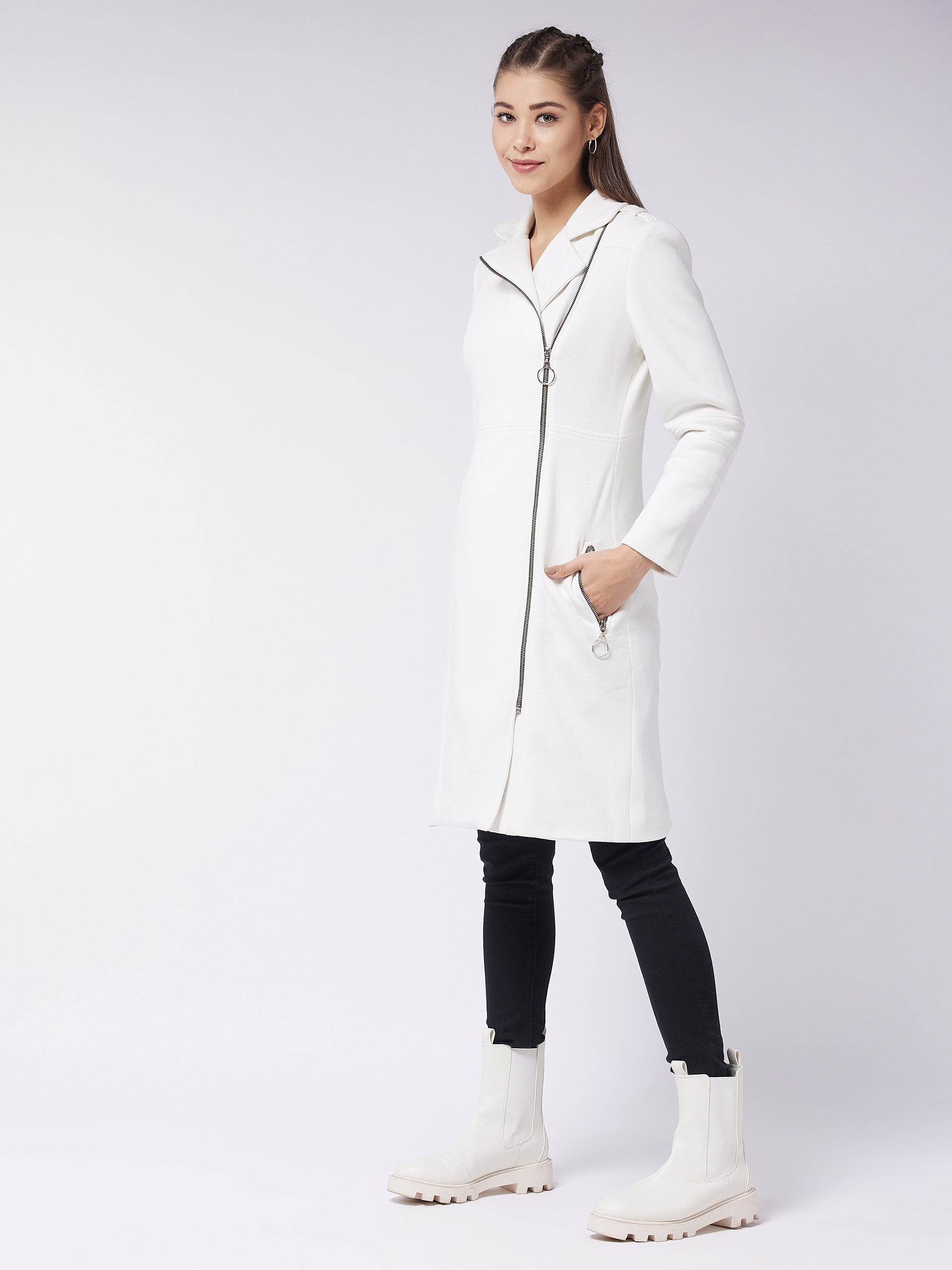 Women's Off-White Notch Collar Multi Panelled Full Sleeve Solid Double Breasted Knee Length Jacket