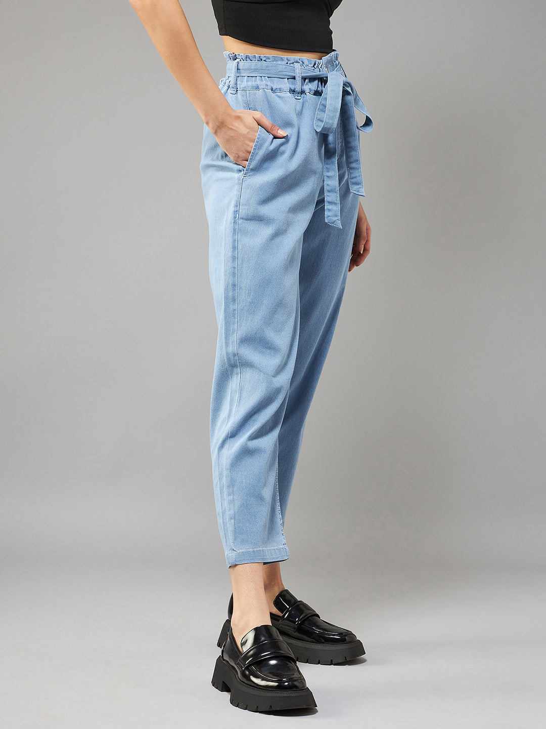 Women's Light Blue Paperbag High-Rise Clean-Look Regular Stretchable Denim Jeans