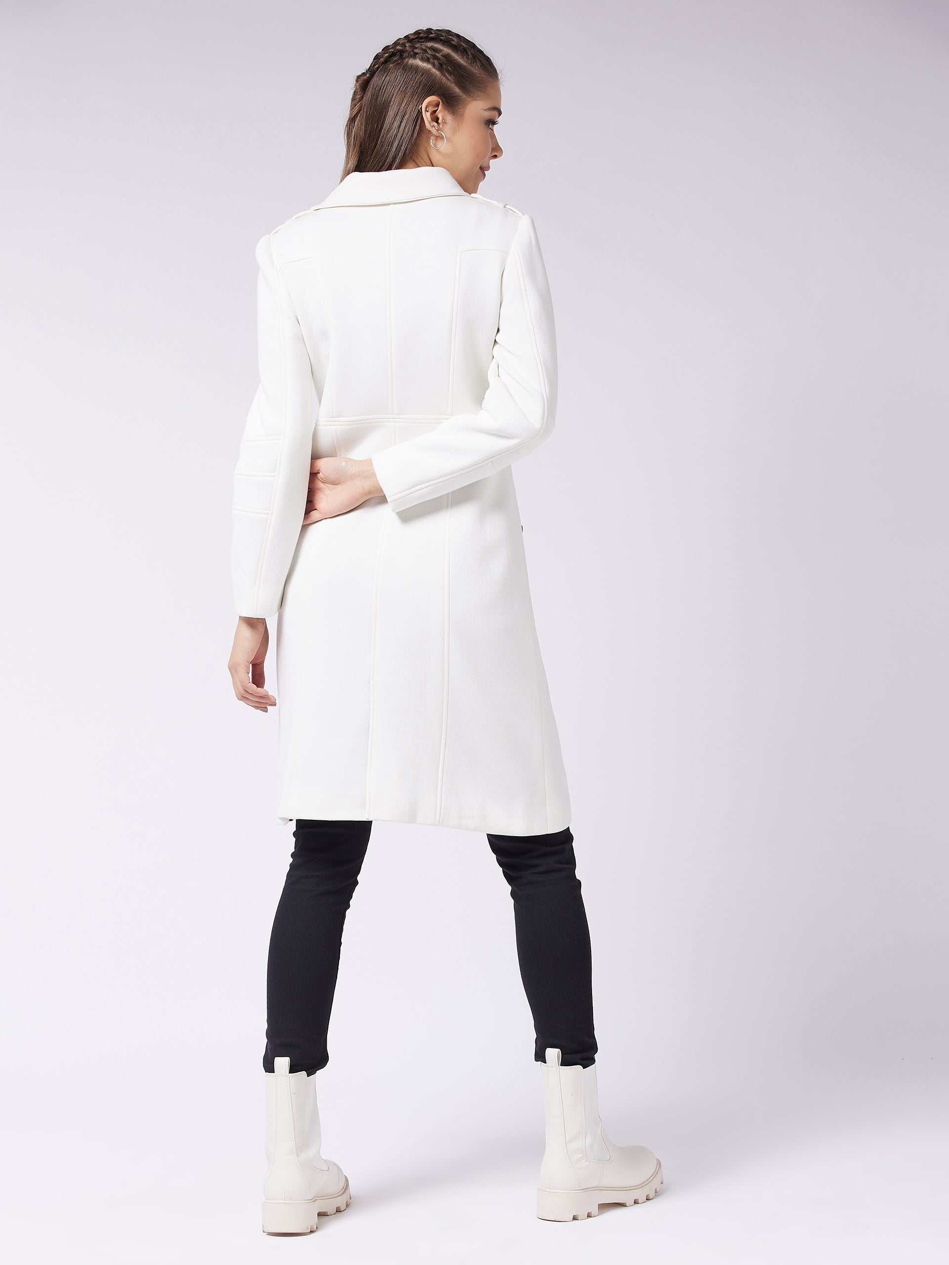 Women's Off-White Notch Collar Multi Panelled Full Sleeve Solid Double Breasted Knee Length Jacket