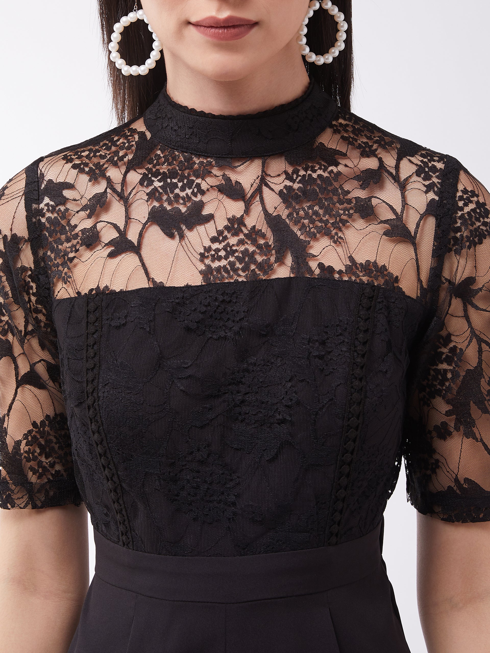 Women's Black Floral Printed Crepe Regular Fit Polo Neck Short Sleeve Regular Length Jumpsuit